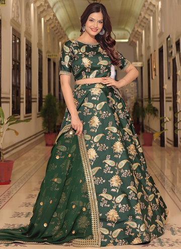 Zari Embroidered Art Silk Bottle Green Mehndi Wear Lehenga Choli Set